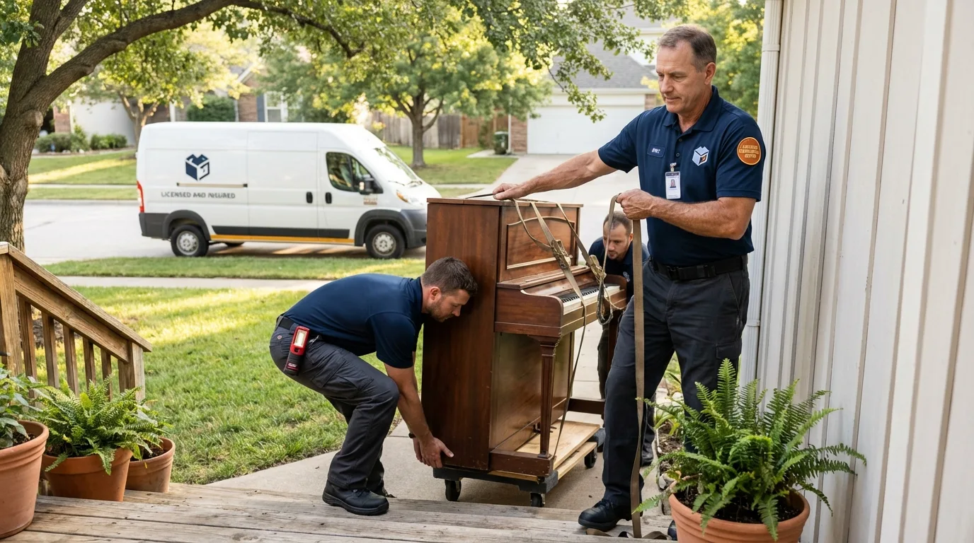Licensed piano movers securing grand piano in Calumet City, IL